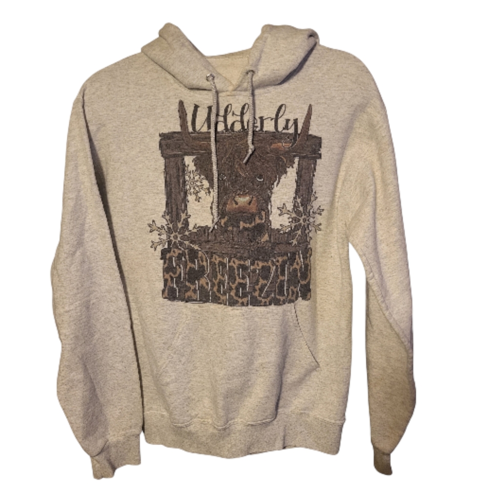Gray Highland Cow Graphic Hoodie "Udderly Frezzin" With Snow Flakes